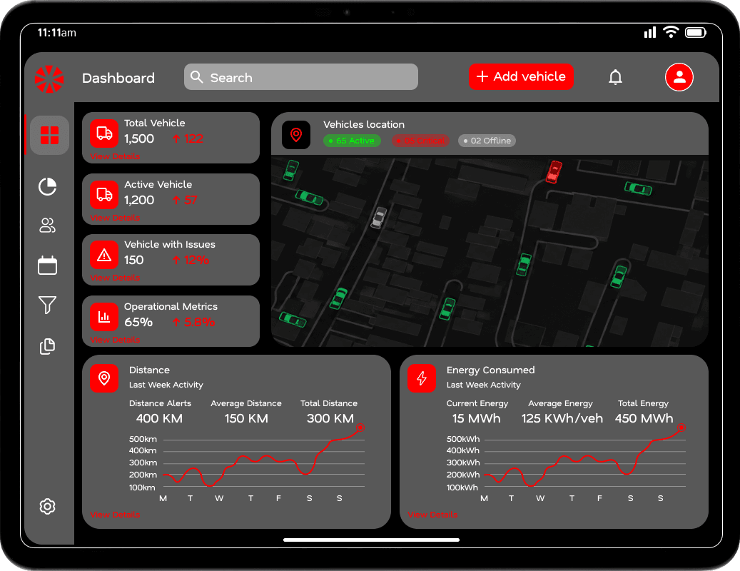 TagMyTaxi Admin Panel — dark mode with live vehicle tracking